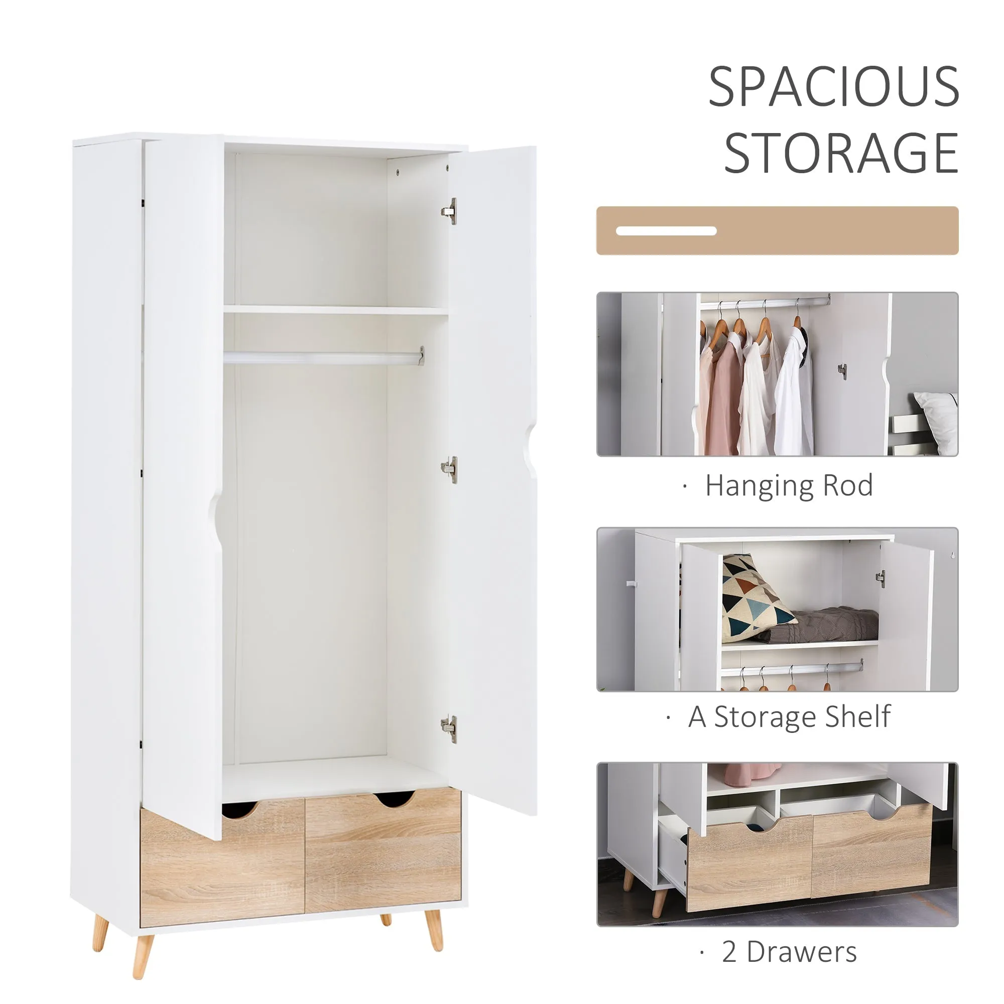 2-Door Clothes Wardrobe w/ Rail Shelf 2 Drawers Wood Feet Elegant Home Storage Organisation Furniture Dresses Coats Blankets Shoes White