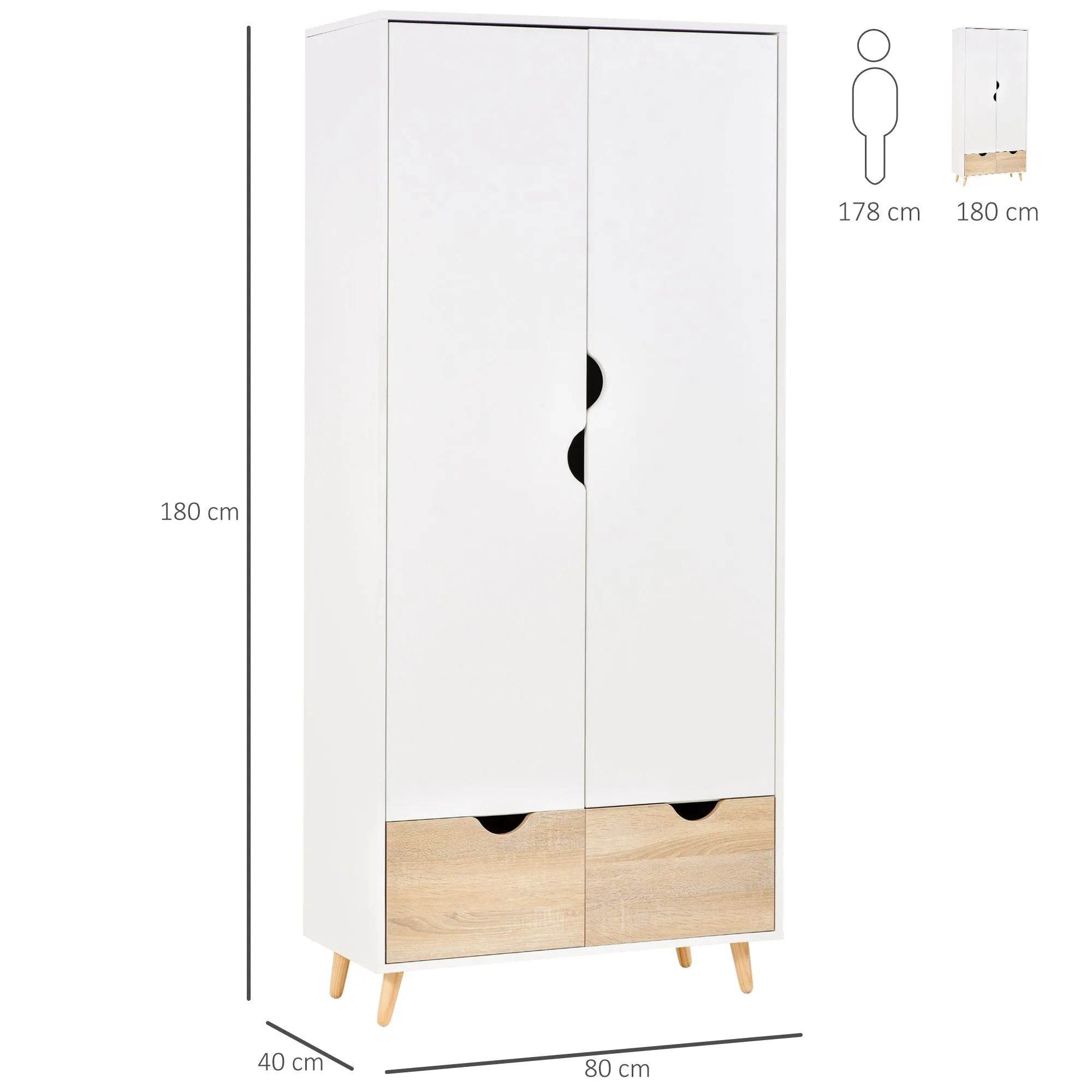 2-Door Clothes Wardrobe w/ Rail Shelf 2 Drawers Wood Feet Elegant Home Storage Organisation Furniture Dresses Coats Blankets Shoes White