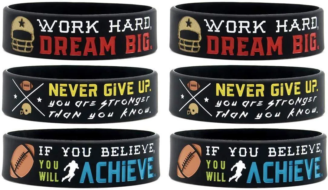 (6-Pack) Motivational Football Wristbands with Sports Quotes - Football Gifts Jewelry Accessories for Football Players Team Awards Party Favors - Unisex for Men Women Youth Teen Girls Boys