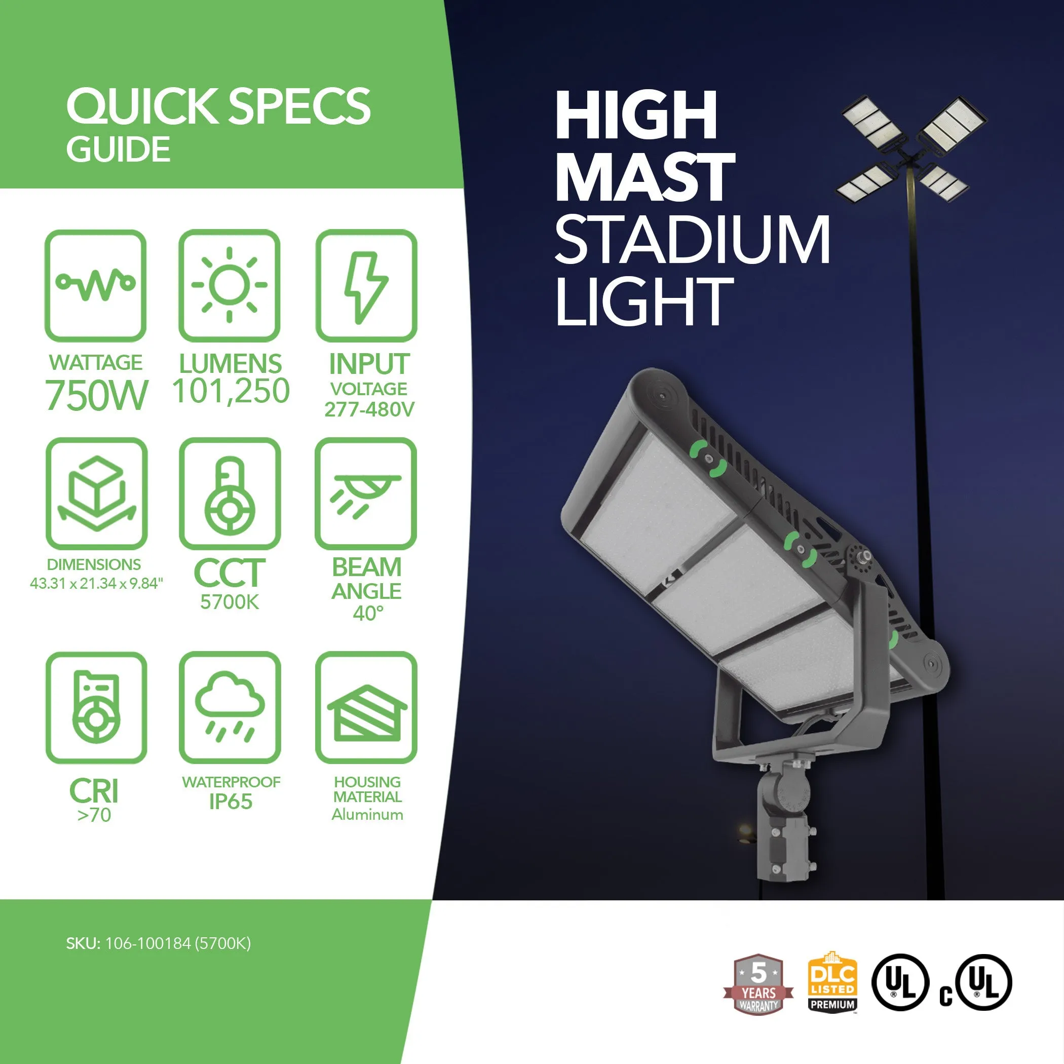 750W LED High Mast Stadium Light - 101,250 Lumens - High Voltage - 5 Year Warranty