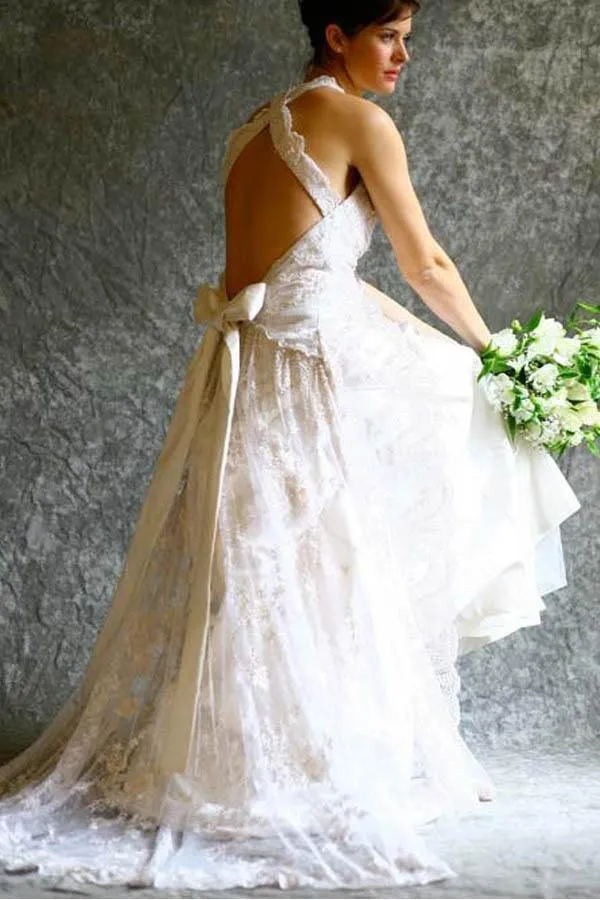 A-line Halter Neck Backless Bow Lace Wedding Dress with Court Train WD405