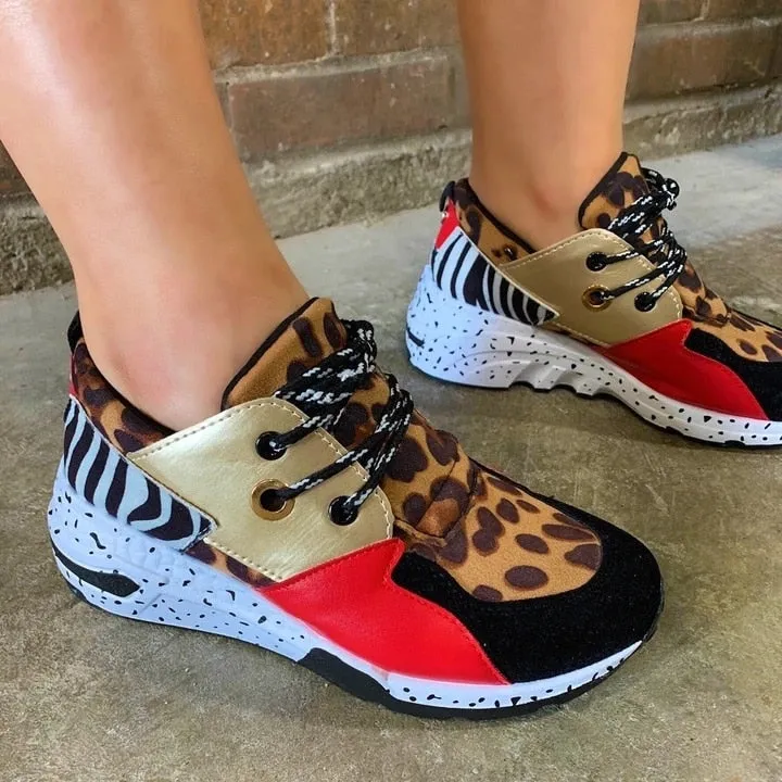 Amozae  2022 New Women Casual Shoes Breathable Ladies Sneakers Leopard Print Faux Fur Sneakers Lace-Up Platform Sports Shoes Women