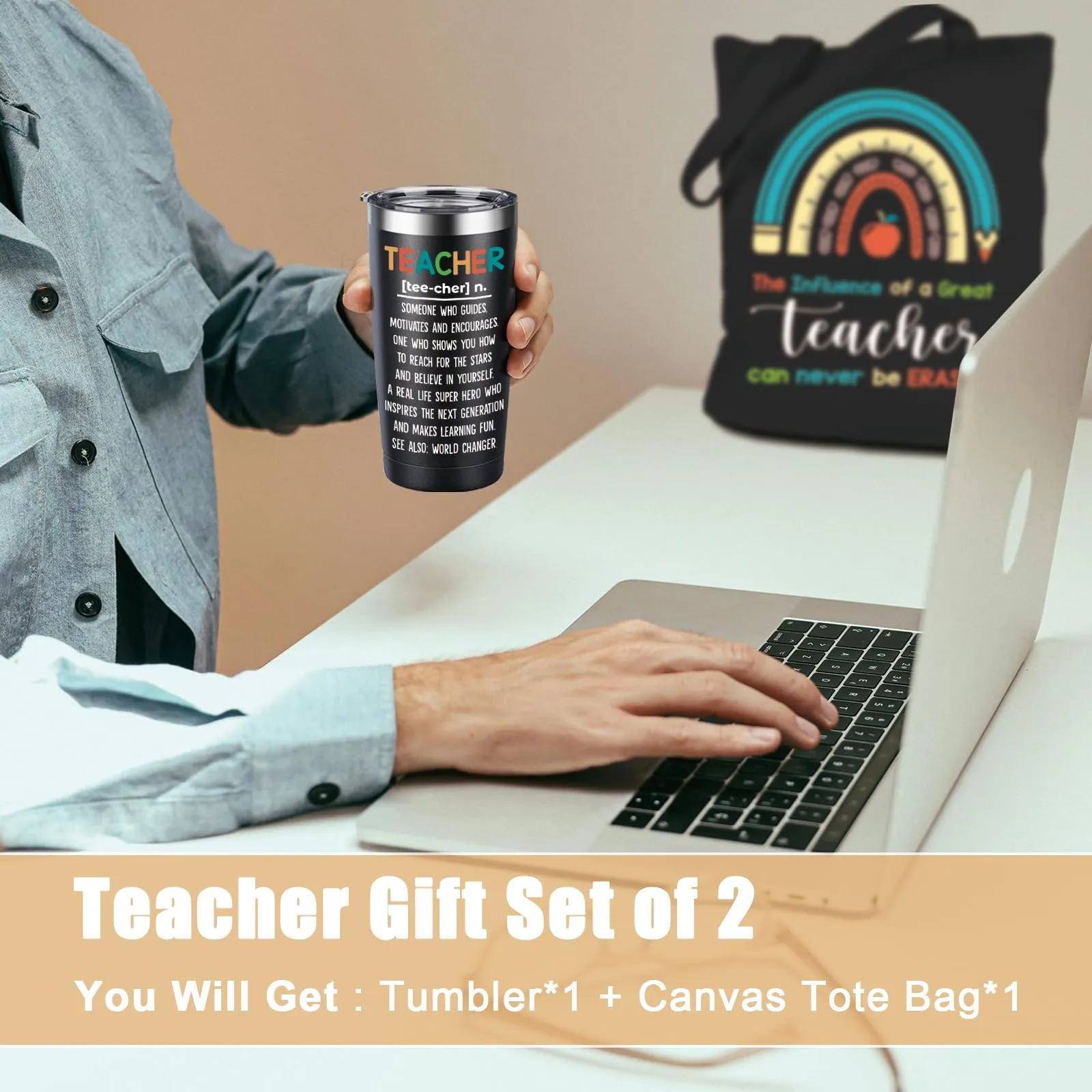 ARTINAEL Best Teacher Appreciation Gifts for Women Men, 2024 New Teacher Gifts, End of Year, Birthday Gift for Mentor -Teachers Week Gift Set - Teacher Mug, Travel Coffee Tumbler & Totes Bag.