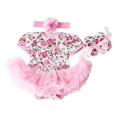 Baby Girls 3 Piece Sets Romper Dress Shoes and Headband Rose Flower Outfits Clothes Pink M:6-9Months