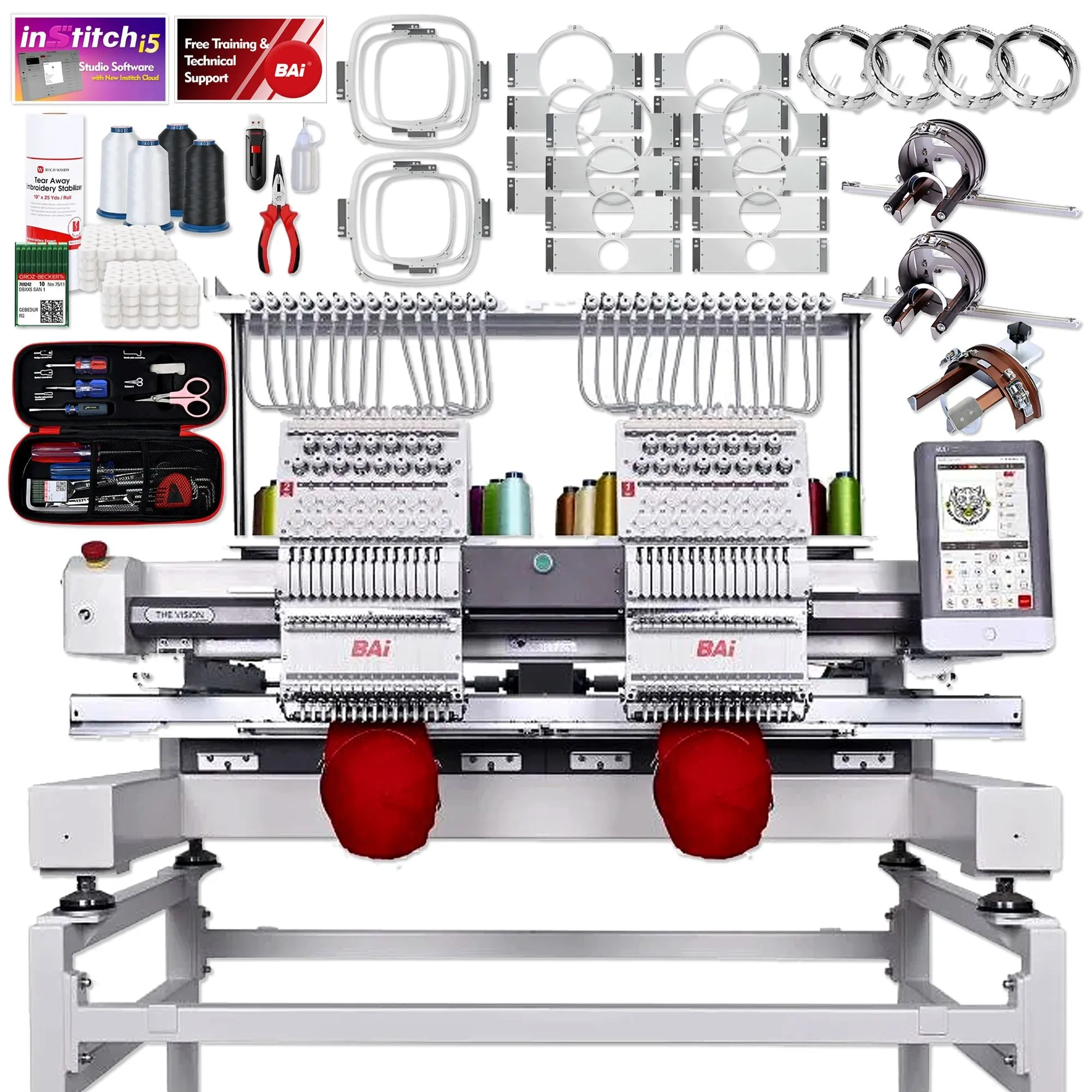 BAi VISION Two Head 15 Needle Embroidery Machine Bundle with Hotronix Hat Press