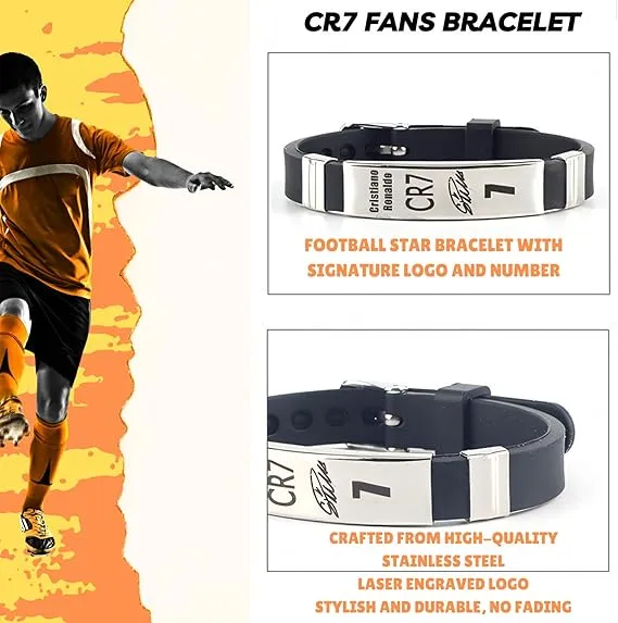 BENIFILE CR7 Football Star Bracelet Pendant Necklace Set, Adjustable Stainless Steel Necklace Silicone Football Bracelet for Men