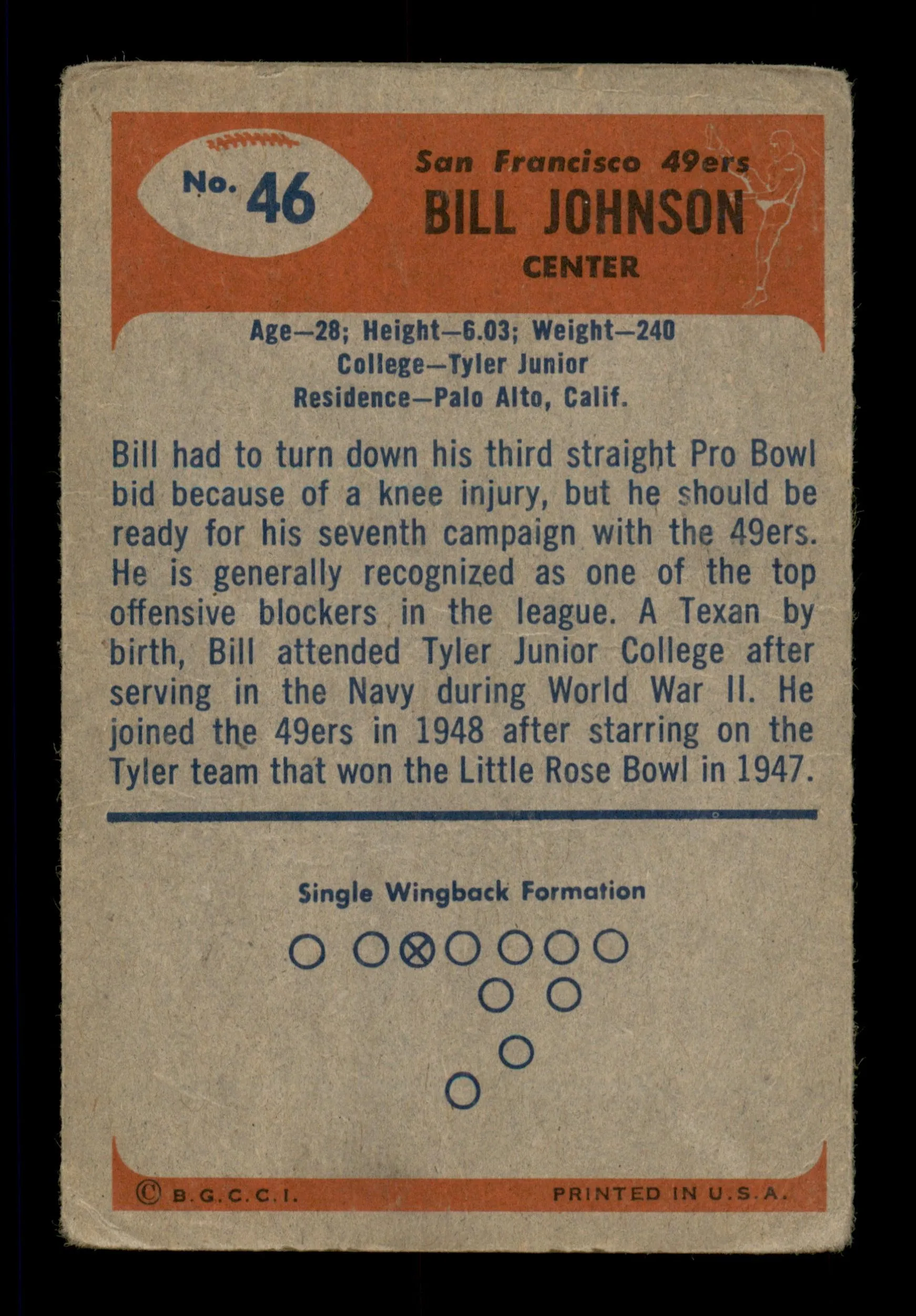 Bill Johnson Autographed 1955 Bowman Card #46 San Francisco 49ers SKU #198022