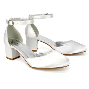 BILLIE-MAY CHUNKY STRAPPY MID BLOCK HIGH HEELS COURT SHOES IN WHITE