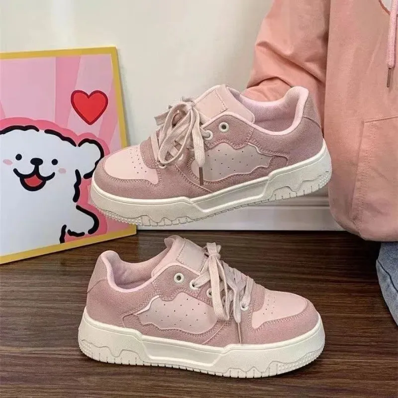 binfenxie  -  Pink Sweet Women Sneakers Niche Fashion Pu Leather Platform Sports Shoes Woman Solid Colour Casual Versatile Ladies Shoes