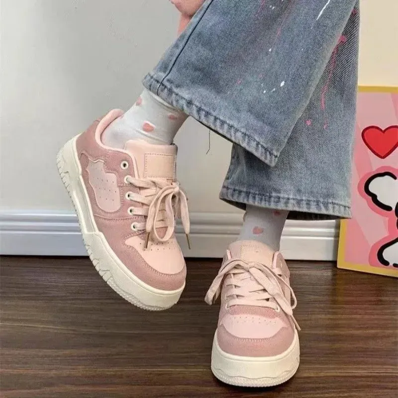 binfenxie  -  Pink Sweet Women Sneakers Niche Fashion Pu Leather Platform Sports Shoes Woman Solid Colour Casual Versatile Ladies Shoes