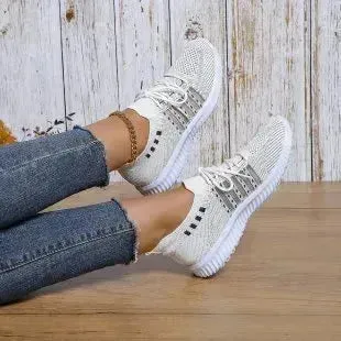 Casual Lace-up Mesh Sneakers Breathable Flying Woven Round Toe Walking Running Sports Shoes for Women