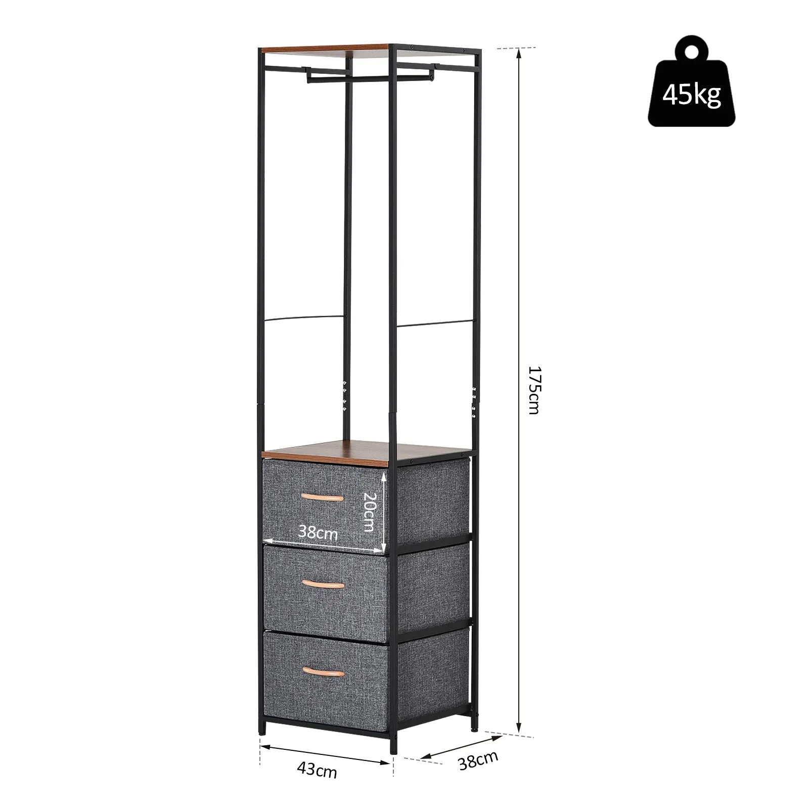 Chest of Drawers with Coat rack Steel Frame 3 Drawers  Bedroom Hallway Home Furniture Black Brown