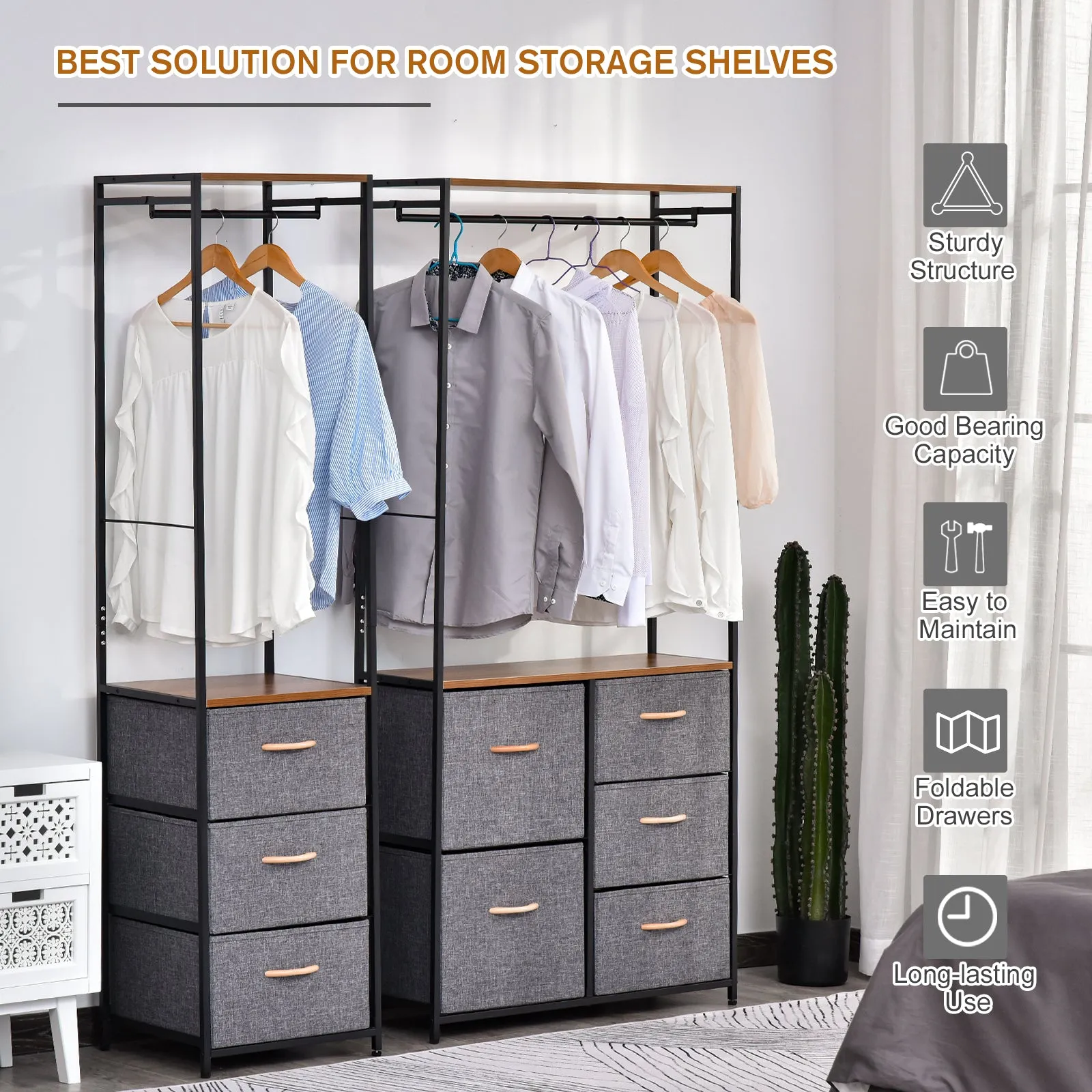 Chest of Drawers with Coat rack Steel Frame 3 Drawers  Bedroom Hallway Home Furniture Black Brown