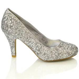 Dafney Pointed Closed Toe mid Stiletto High Heel Slip on Court Shoes in Silver Glitter