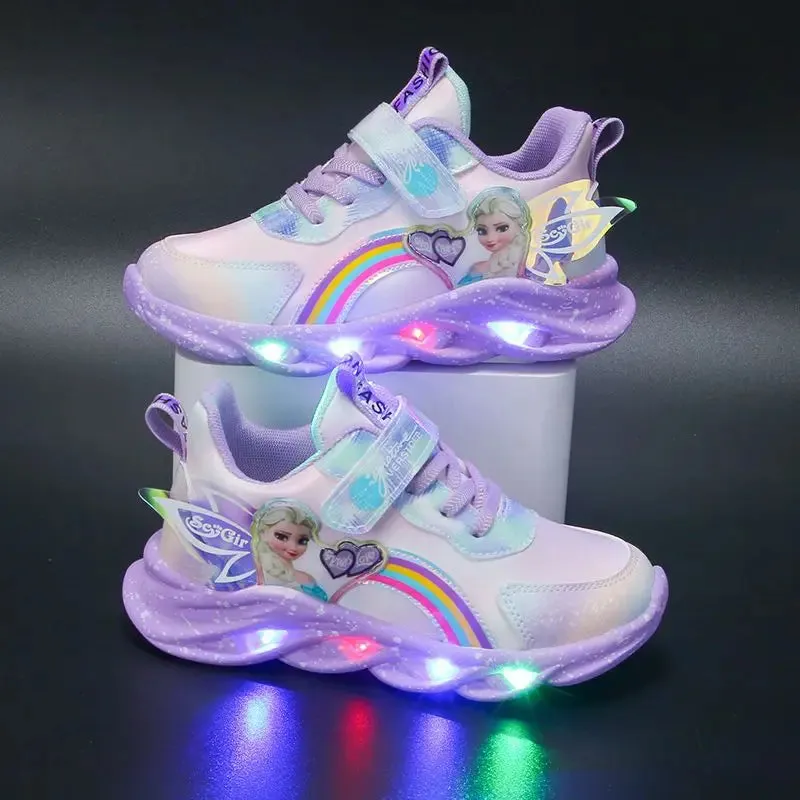 Disney Girls' Shoes LED Lights Spring Mesh Breathable Girls' Sports  Princess Elsa Pink Purple Shoes Sneakers Size 22-37