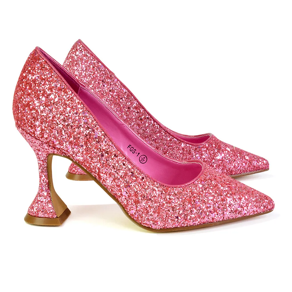 Dragonfruit Glitter Pumps Pointed Toe Sparkly Glitter Heel Court Shoes in Black