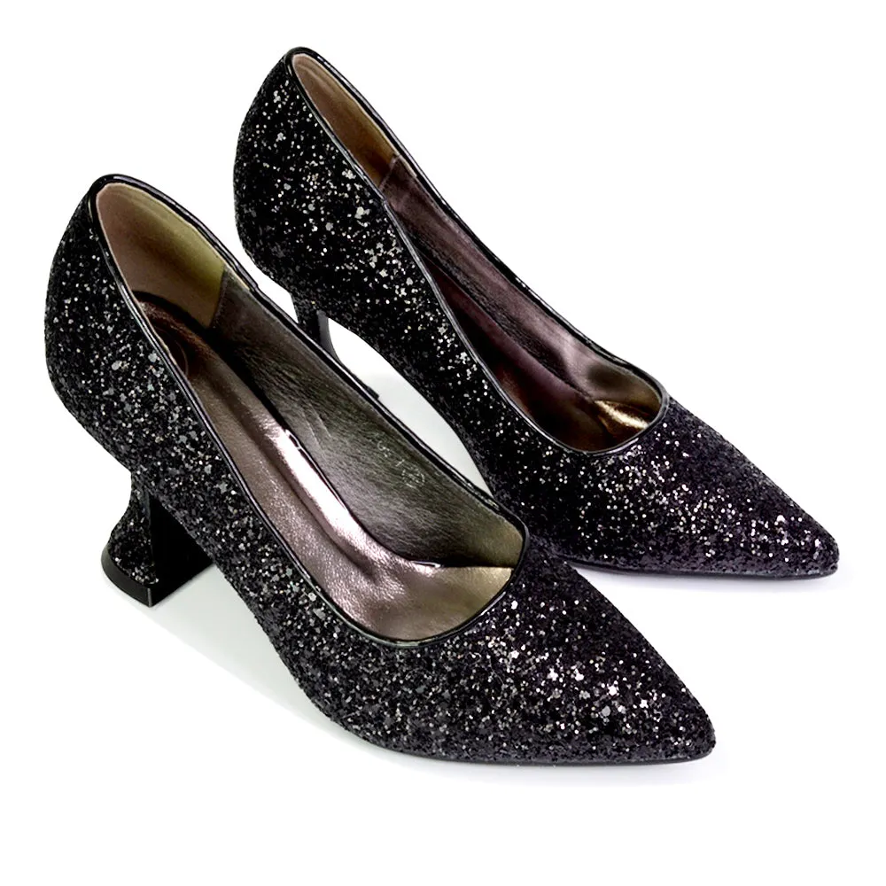 Dragonfruit Glitter Pumps Pointed Toe Sparkly Glitter Heel Court Shoes in Black