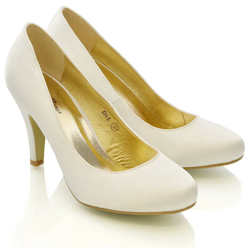 ELISABETH MID STILETTO HIGH WEDDING HEELS SLIP ON BRIDAL COURT SHOES IN IVORY SATIN