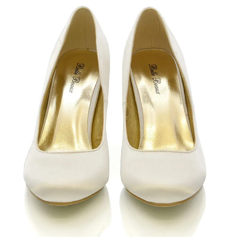 ELISABETH MID STILETTO HIGH WEDDING HEELS SLIP ON BRIDAL COURT SHOES IN IVORY SATIN