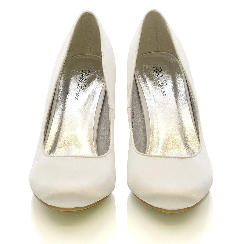 ELISABETH MID STILETTO HIGH WEDDING HEELS SLIP ON BRIDAL COURT SHOES IN WHITE SATIN