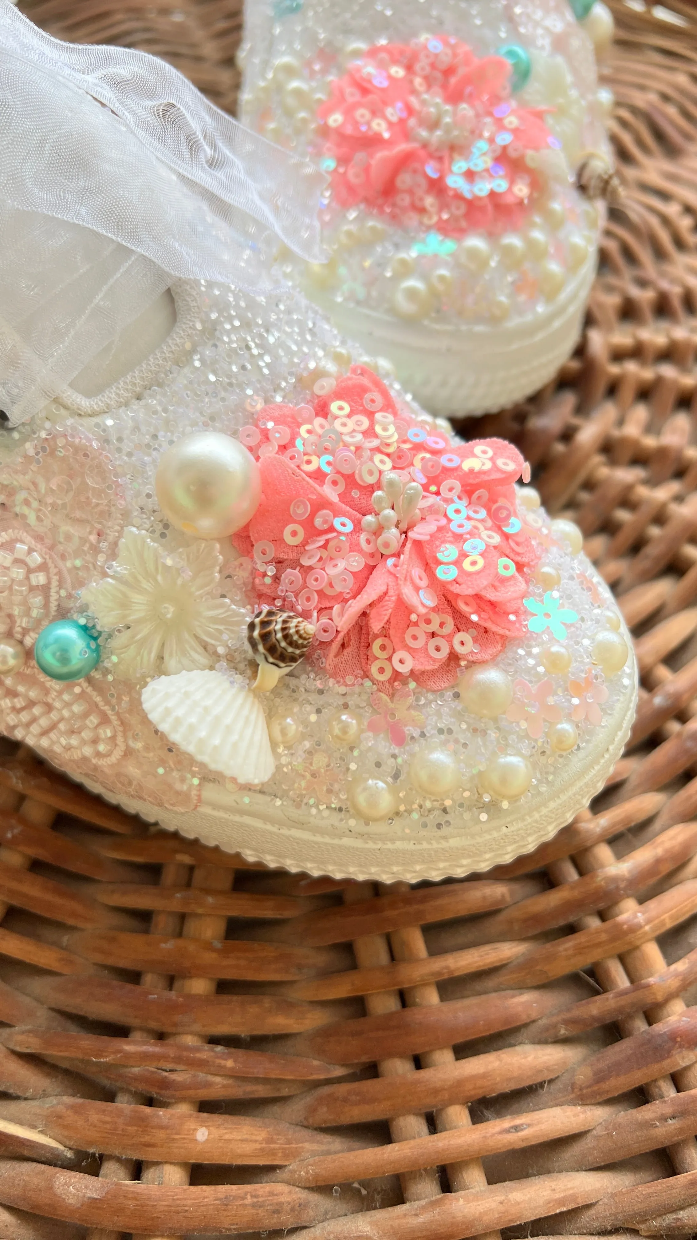 FUNKY N TRENDY floral theme hand work sneakers for brides / bridesmaids/ shells sneakers / pearls sneakers / blue and pink shoes / pink and blue sneakers/ butterfly and floral sneakers