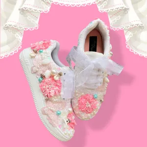 FUNKY N TRENDY floral theme hand work sneakers for brides / bridesmaids/ shells sneakers / pearls sneakers / blue and pink shoes / pink and blue sneakers/ butterfly and floral sneakers