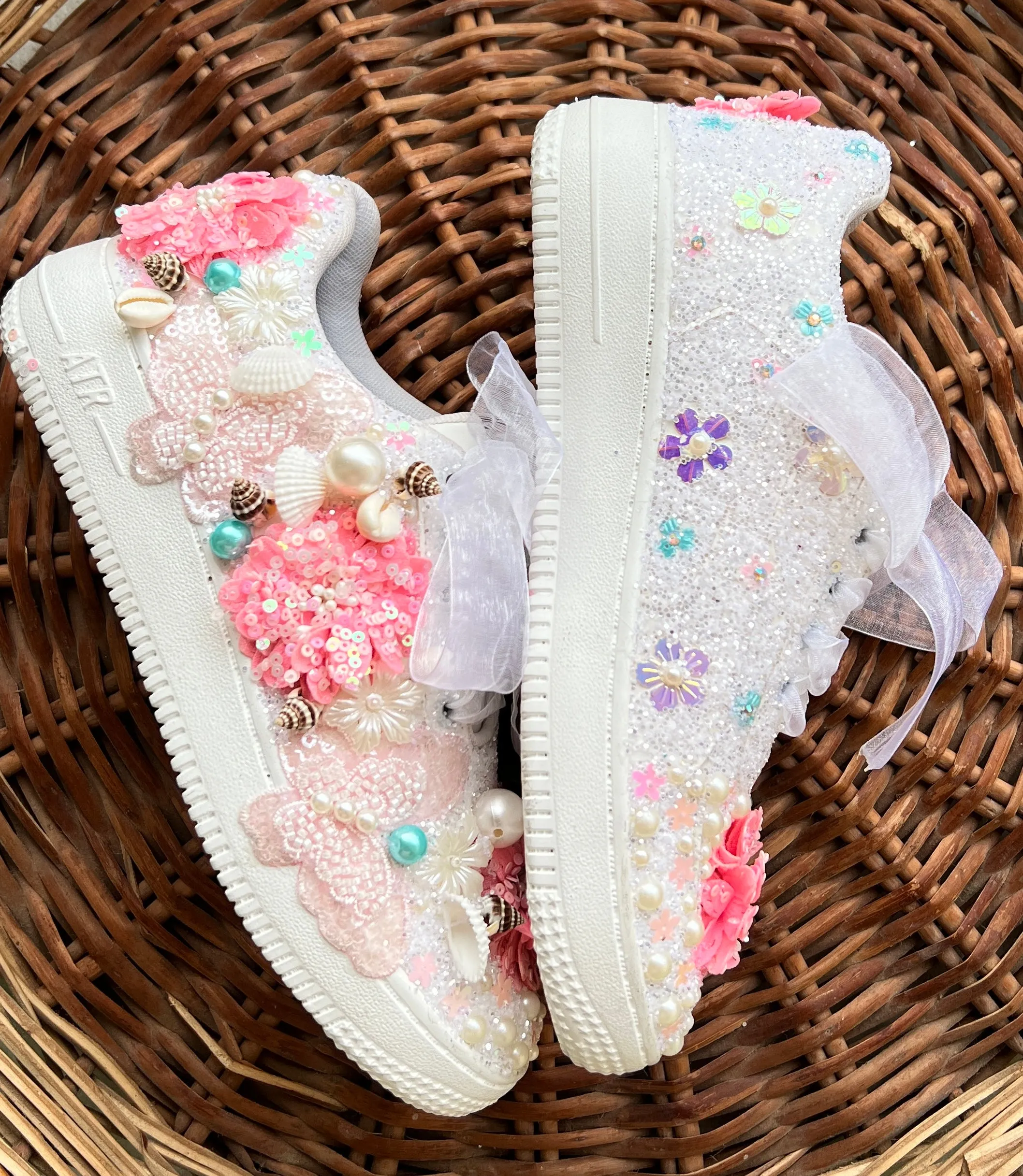 FUNKY N TRENDY floral theme hand work sneakers for brides / bridesmaids/ shells sneakers / pearls sneakers / blue and pink shoes / pink and blue sneakers/ butterfly and floral sneakers