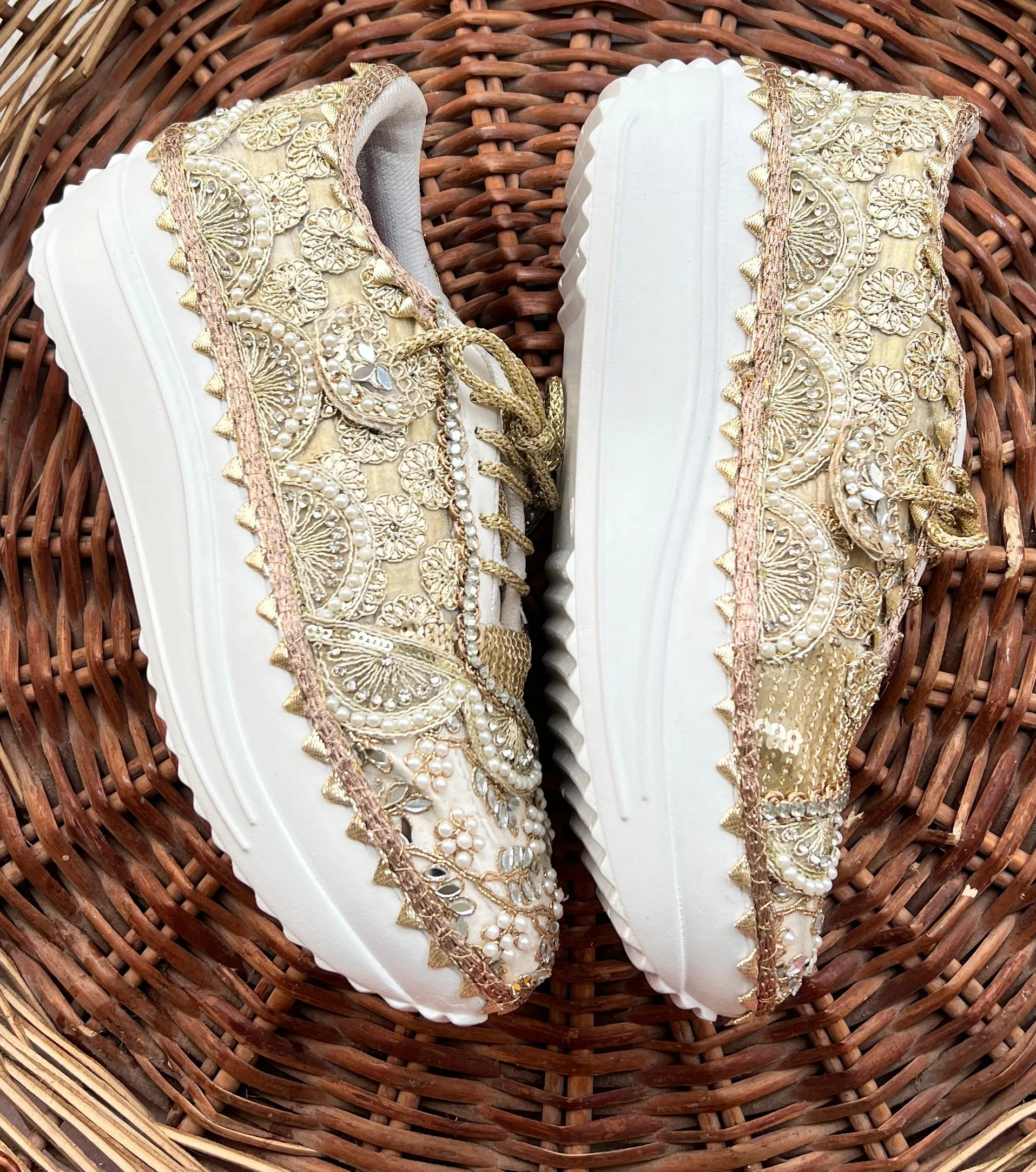 FUNKY N TRENDY gold sneakers for brides / gold sneakers for bridesmaids/ gold sneakers / bridal sneakers / bridesmaid sneakers/ golden hand work sneakers