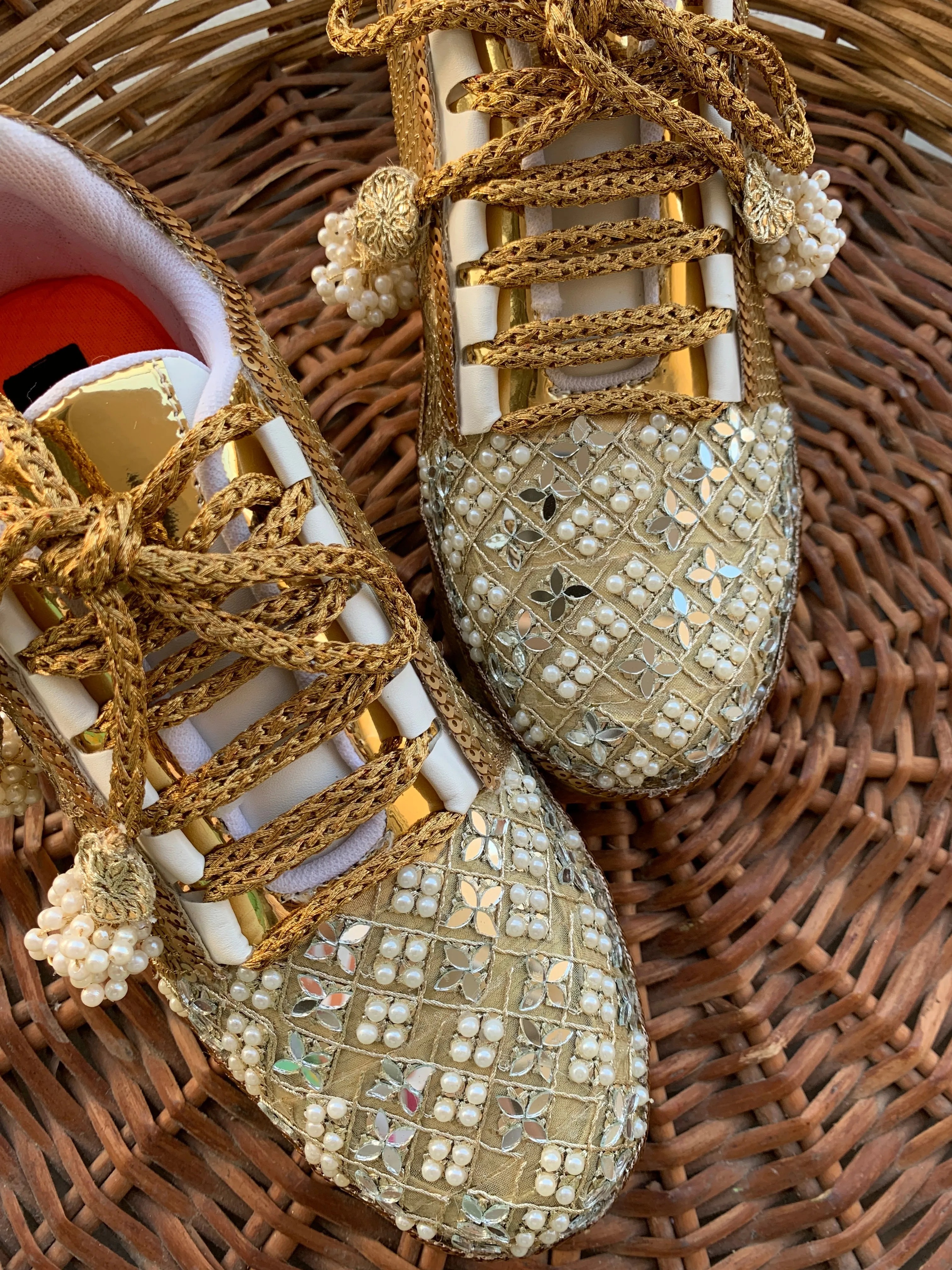 FUNKY N TRENDY golden mirror pearl and sequine work bridal sneakers / bridesmaid sneakers/ gold sneakers / golden sneakers