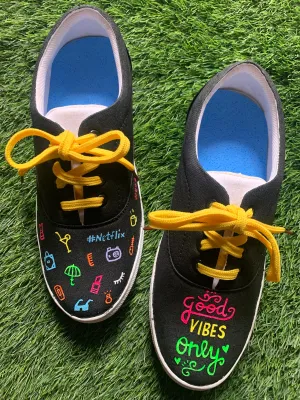 Funky N Trendy hand painted water resistant Good vibes only theme black casual shoes