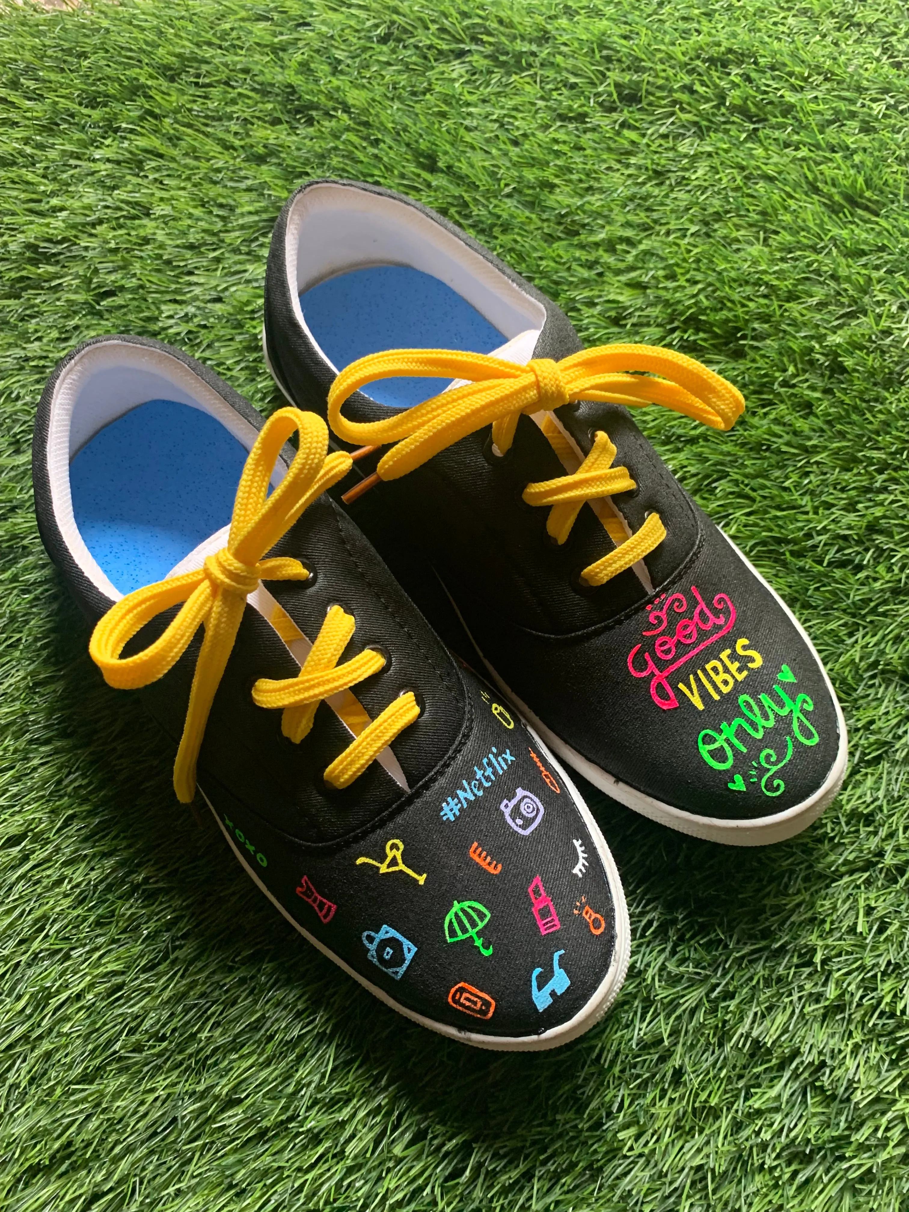 Funky N Trendy hand painted water resistant Good vibes only theme black casual shoes