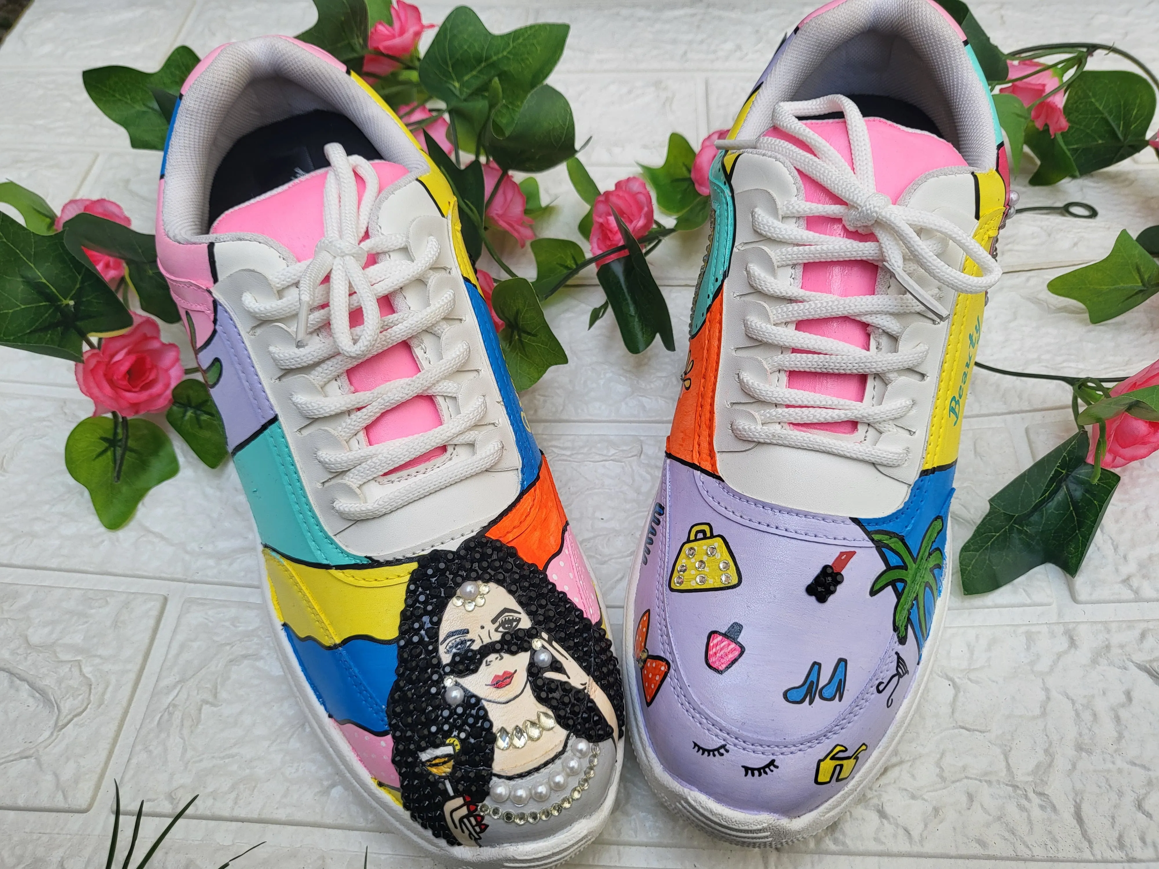 Funky N Trendy hand painted with water resistant colors, rhinestone work bridal sneakers/ bridesmaid sneaker / colorful sneakers/ funky sneakers / MUA theme sneakers / makeup sneakers