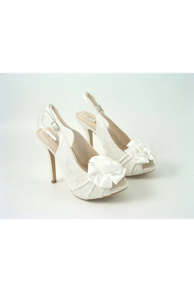 Glitz Shoes Kesha Ivory Lace Peep Toe Court Shoe