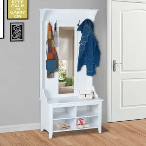 Hallway Furniture Set Shoe Bench Storage Mirror Cabinet Coat Rack Multiple Cubes Hangers Organiser Shelves w/ 4 Hooks