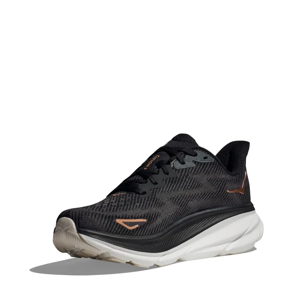 Hoka Women's Clifton 9 Sneaker in Black/Rose Gold