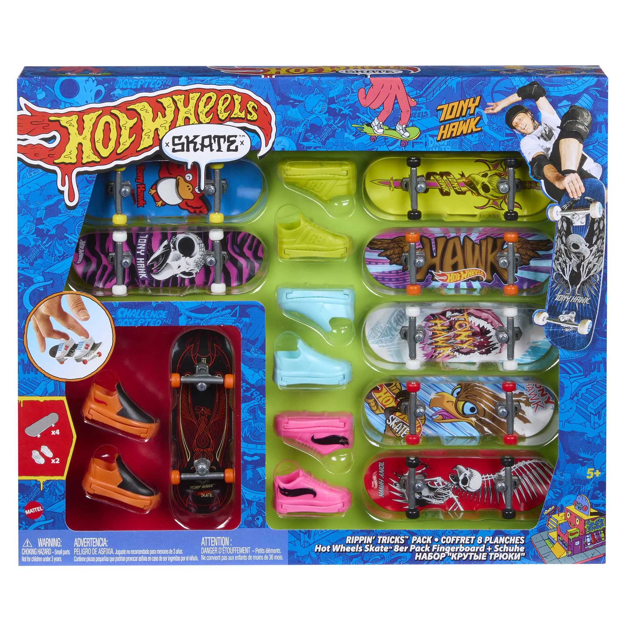 Hot Wheels Skate 8-Pack Bundle Of Tony Hawk-themed Fingerboards And Shoes