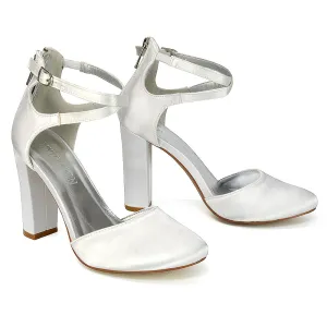 JENNA COURT SHOE ZIP UP BUCKLE DETAIL STRAPPY BLOCK HEELS IN WHITE SATIN