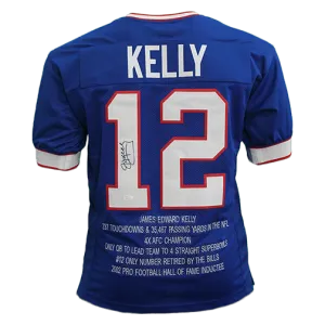 Jim Kelly Autographed Pro Style Football Jersey Blue STAT (BECKETT)