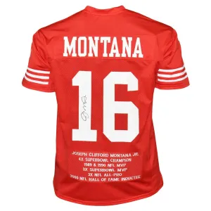 Joe Montana Autographed Pro Style Football Jersey Red Stat (JSA)