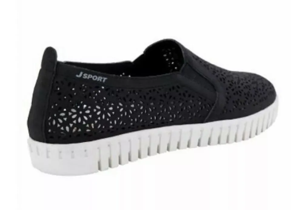 JSport Ladies' Laser Cut Floral Pattern Slip On Shoes Black