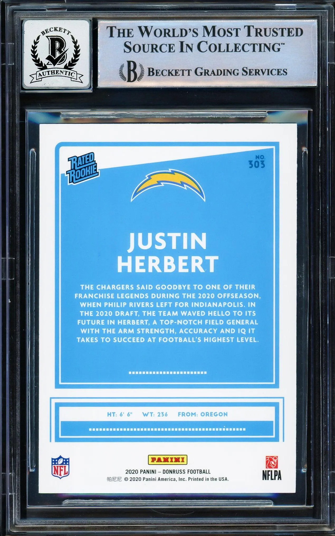 Justin Herbert Autographed 2020 Donruss Rated Rookie Card #303 Los Angeles Chargers Auto Grade Gem Mint 10 Beckett BAS Stock #206066