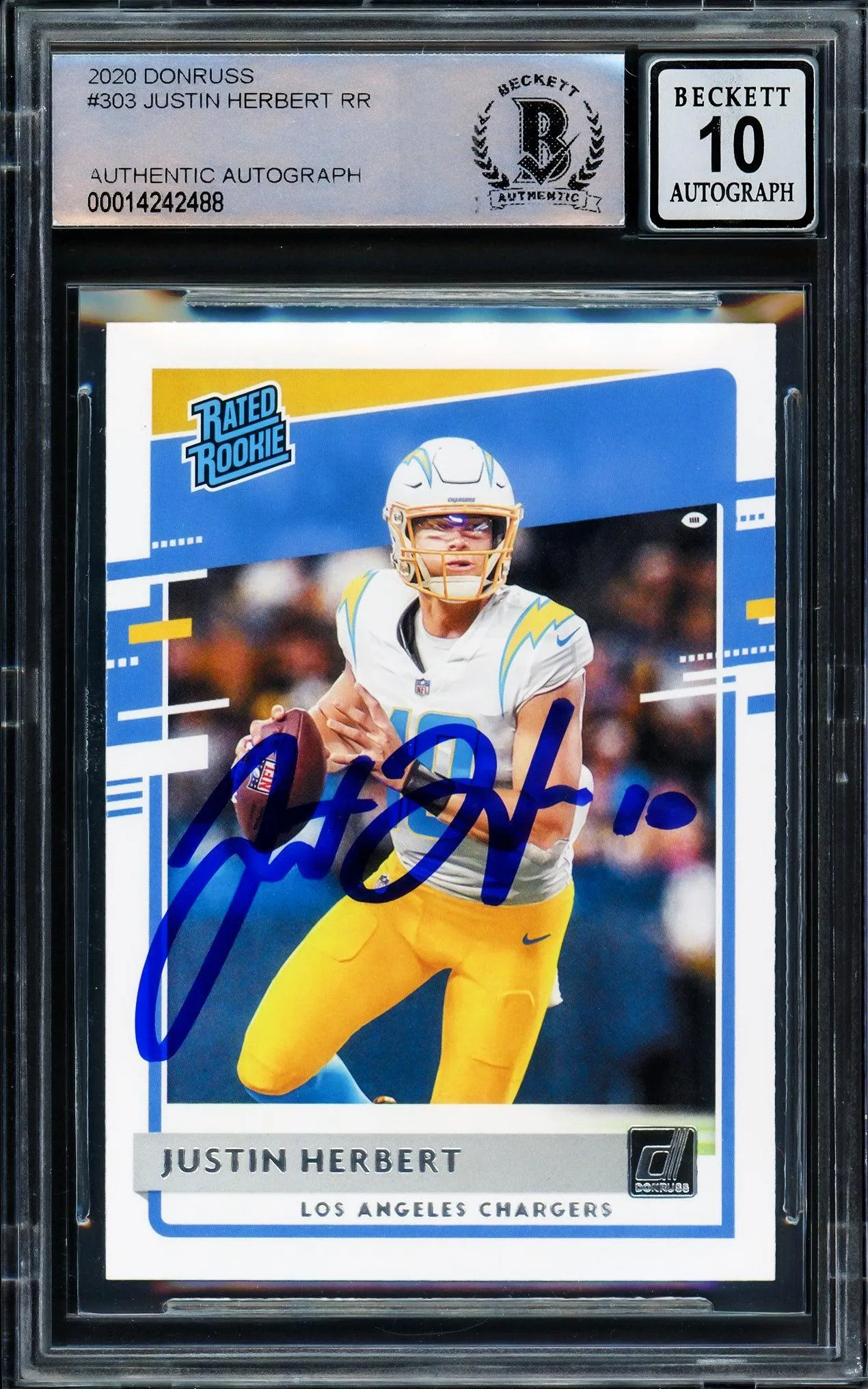 Justin Herbert Autographed 2020 Donruss Rated Rookie Card #303 Los Angeles Chargers Auto Grade Gem Mint 10 Beckett BAS Stock #206066