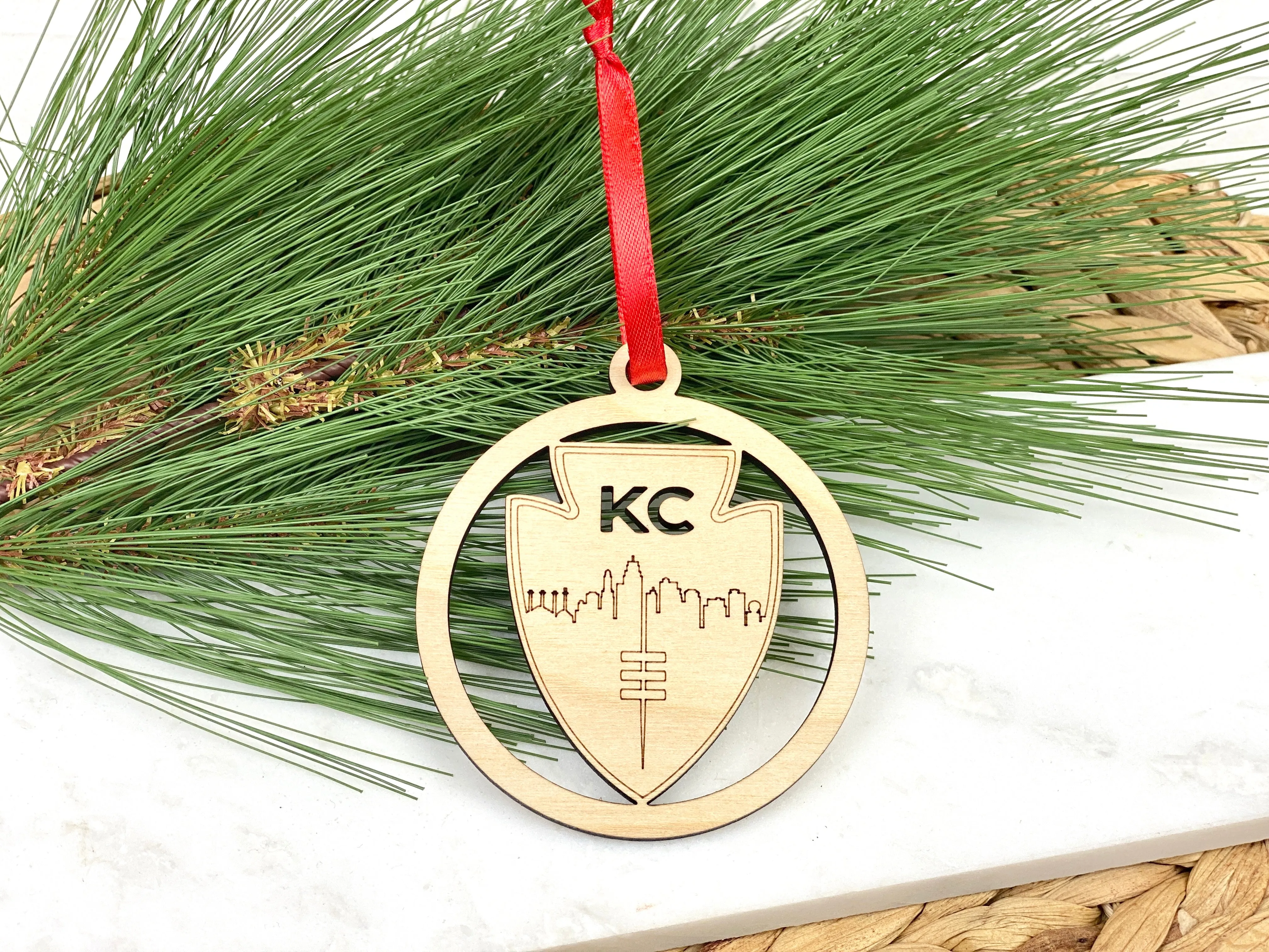 Kansas City Football and Skyline Wood Ornament