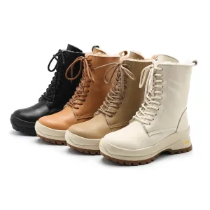 Leather Combat Boots Designer Chunky Riding Boots Have Shearling Lined in Apricot/Black/Brown/White