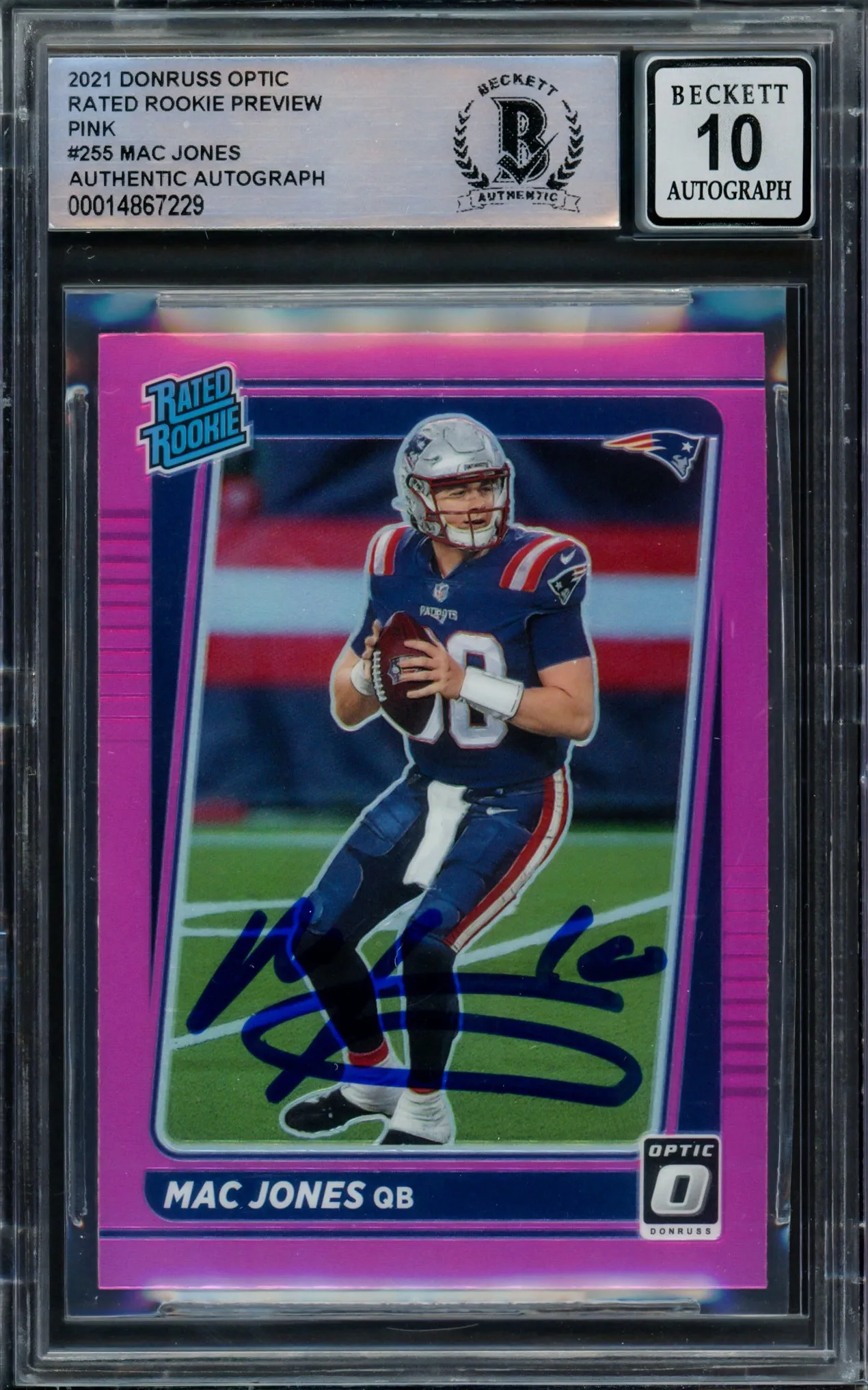 Mac Jones Autographed 2021 Donruss Optic Preview Pink Rookie Card #P-255 New England Patriots Auto Grade Gem Mint 10 Beckett BAS #14867229