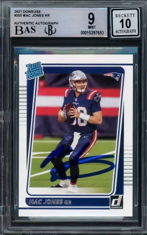 Mac Jones Autographed 2021 Donruss Rated Rookie Card #255 New England Patriots BGS 9 Auto Grade Gem Mint 10 Beckett BAS Stock #211837