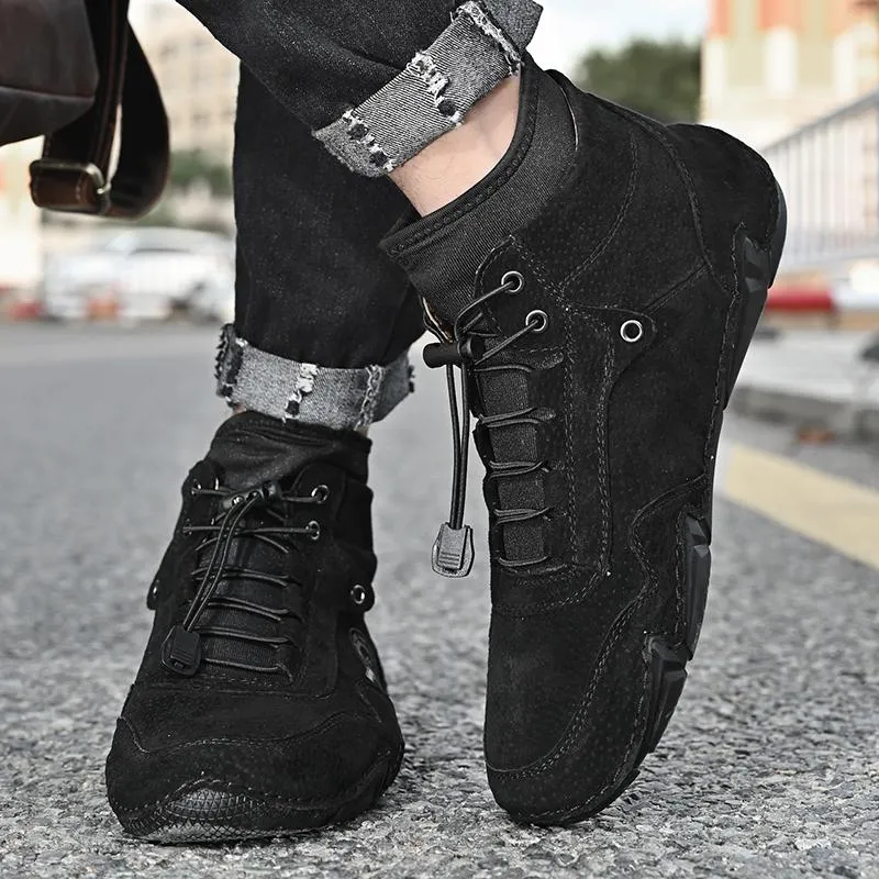 Men's Leather Breathable Splicing Soft Sole Comfortable Business Elastic Laces Casual Shoes