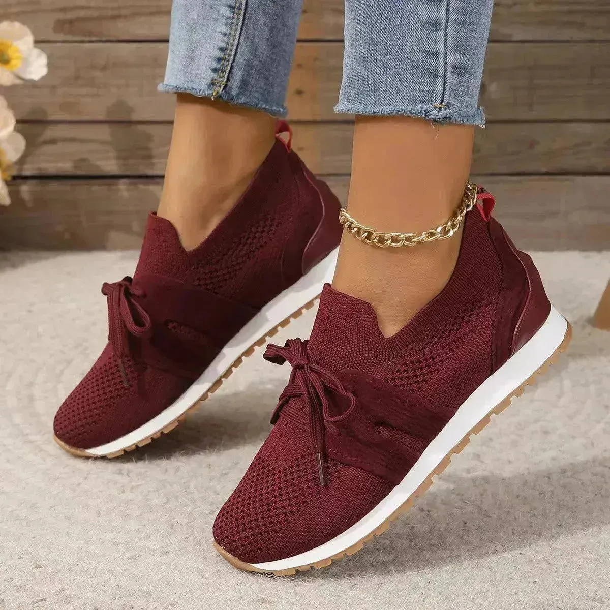 New Lace Up Mesh Flats Shoes For Women Breathable Casual Breathable Walking Wedges Sneaker Shoes for Women