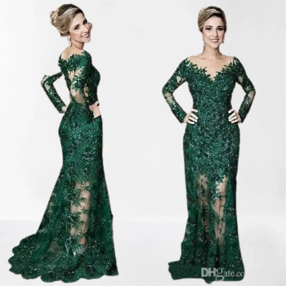 Newest Dark Green Mother of The Bride Dresses Sheer Jewel Neck Lace Appliques Long Sleeve Mermaid Formal Evening Prom Dress