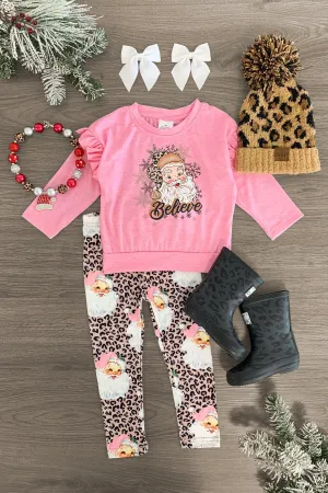 "Believe" Pink Santa Cheetah Pant Set